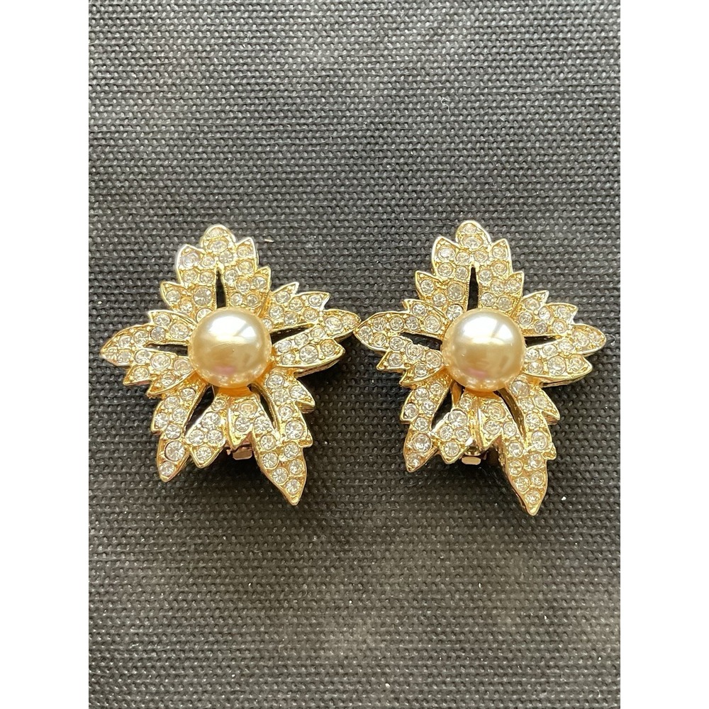 Kenneth Jay Lane Signed crystal rhinestone and faux pearl flower clip earrings